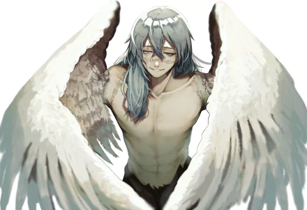 4K Ultra HD anime wallpaper featuring Mahito from Jujutsu Kaisen with blue hair, grey eyes, and large white wings spreading behind him.