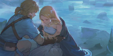 HD desktop wallpaper featuring Princess Zelda and Link from The Legend of Zelda: Breath of the Wild in a quiet, emotional moment by the water.