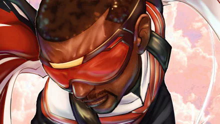 Close-up digital 4K UHD desktop wallpaper of Sam Wilson as Falcon from The Falcon and the Winter Soldier, wearing red goggles and a winged suit against a pink-cloud sky.