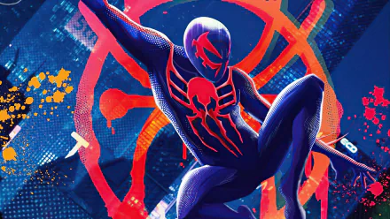Vibrant 4K Ultra HD desktop wallpaper featuring Spider-Man 2099 in dynamic pose with neon blue and red comic-style background elements.