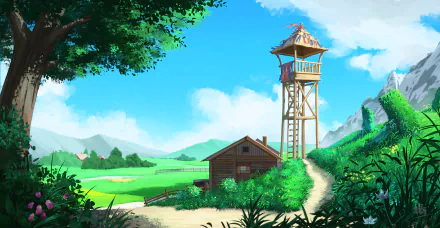 Vibrant 4K Ultra HD anime landscape featuring a wooden hut and tall watchtower under a bright blue sky with lush greenery surrounding the scene.