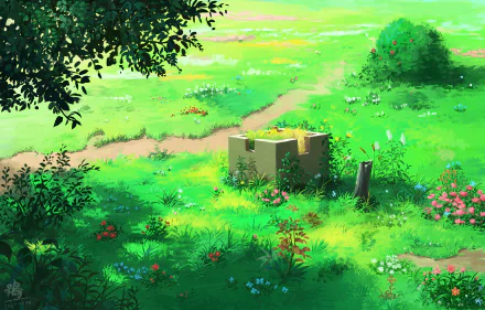 Anime landscape featuring a lush, green meadow with vibrant flowers and a stone well, rendered in stunning 4K Ultra HD as a PC desktop wallpaper.