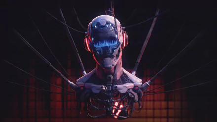 4K Ultra HD PC desktop wallpaper and background: sci-fi robot skull bust with exposed mechanical jaw and glowing red headset, suspended by cables against a dark grid backdrop.