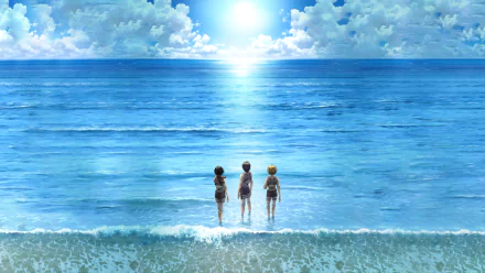 HD desktop wallpaper featuring Armin Arlert, Mikasa Ackerman, and Eren Yeager from Attack on Titan standing by the ocean under a sunlit sky.