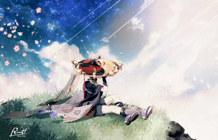HD PC desktop wallpaper featuring Scaramouche from the video game Genshin Impact, set against a starry sky with glowing petals and a serene grassy hill.