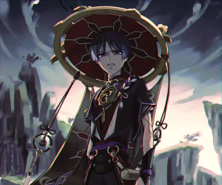 HD PC desktop wallpaper featuring Scaramouche from the video game Genshin Impact, set against a dramatic, cloudy landscape background.