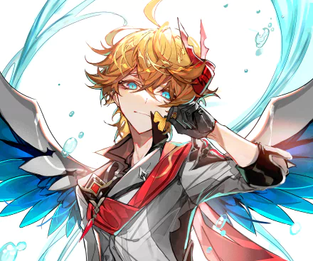 2K Quad HD PC wallpaper of Tartaglia (Childe) from Genshin Impact: golden hair, cyan eyes, red-gray outfit with winglike water accents.