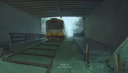 Anime-style HD desktop wallpaper depicting a train on rain-soaked tracks beneath a bridge, blending urban and natural elements in a serene, moody scene.