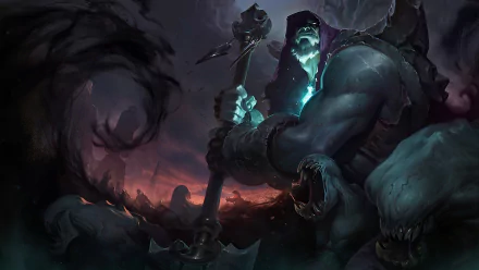 Yorick (League of Legends) looms with a glowing spade and spectral maw amid graves and swirling shadows — 4K Ultra HD PC desktop wallpaper.