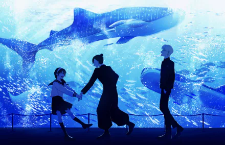 Anime-style 4K wallpaper featuring Jujutsu Kaisen characters Shoko Ieiri, Suguru Geto, and Satoru Gojo in school uniforms at an aquarium with a whale.