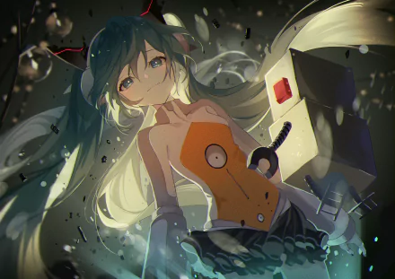 Hatsune Miku with long blue hair and a futuristic outfit, drifting amid glowing fragments — 4K Ultra HD anime Vocaloid PC desktop wallpaper background.