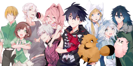 HD PC desktop wallpaper of Kemono Jihen anime cast — Shiki Tademaru, Kabane Kusaka, Akira and Kon, Mihai Florescu, Kohachi Inugami and Aya Tademaru; black and pink hair, blue and red eyes.