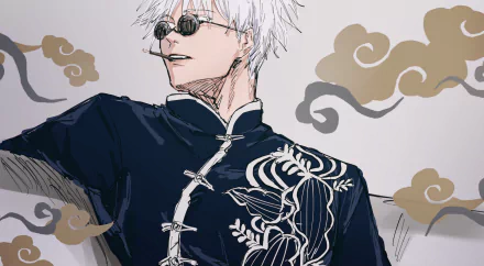 HD anime desktop wallpaper featuring Satoru Gojo with white hair, wearing glasses and a detailed dark outfit from Jujutsu Kaisen.