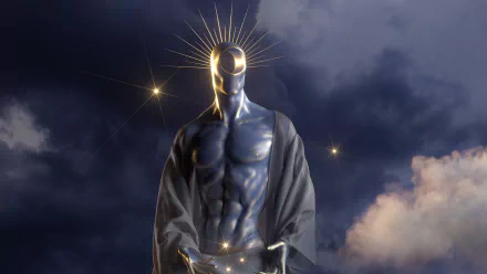 Sci-fi creature: muscular metallic humanoid with a radiant golden halo and floating star lights, draped in a dark cloak against stormy clouds — 8K Ultra HD PC desktop wallpaper/background.