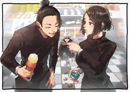 ice cream school uniform black hair white hair brown eyes brown hair Shoko Ieiri Suguru Geto Satoru Gojo Anime Jujutsu Kaisen Gojo & Geto HD Desktop Wallpaper | Background Image
