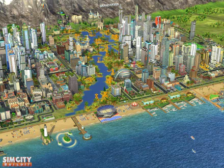 HD desktop wallpaper of SimCity BuildIt featuring a bustling virtual cityscape with skyscrapers, waterways, and a beachfront.