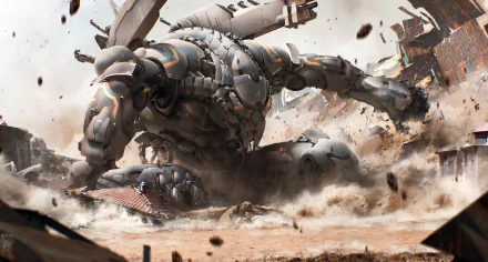 HD sci-fi mech in dynamic battle pose amid debris, designed as a striking PC desktop wallpaper background.