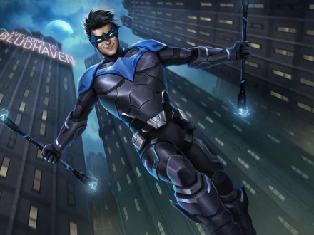 HD PC desktop wallpaper featuring Dick Grayson as Nightwing from DC Comics, showcasing him swinging through the cityscape of Blüdhaven.