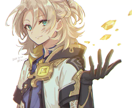 HD PC desktop wallpaper featuring Albedo from the video game Genshin Impact, showing him with glowing Geo crystals floating around his hand.