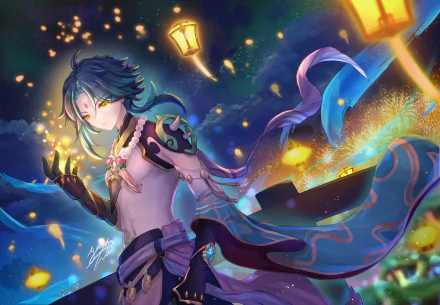 HD PC wallpaper of Xiao from Genshin Impact, surrounded by glowing lanterns during the Lantern Rite festival, featuring vibrant colors and dynamic lighting.