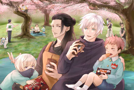 HD PC desktop wallpaper featuring Jujutsu Kaisen characters including Toji Fushiguro, Megumi, Maki, Yuta Okkotsu, Nobara, Gojo, Geto, and others enjoying a picnic under cherry blossoms.