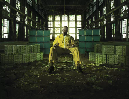 HD wallpaper of Bryan Cranston as Walter White from TV show Breaking Bad, seated in a warehouse with large stacks of money surrounding him.