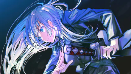 HD desktop wallpaper featuring Kasumi Miwa from Jujutsu Kaisen. The anime character has long blue hair, blue eyes, and is wearing a school uniform, depicted in a dynamic pose with an intense expression.