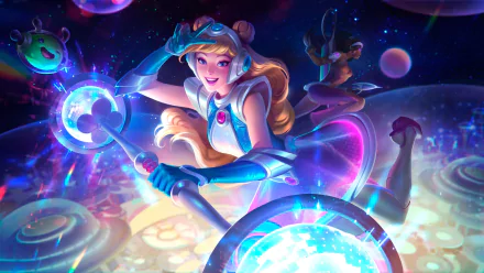 HD PC desktop wallpaper featuring Lux and Samira from League of Legends in a vibrant, cosmic-themed video game scene.