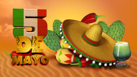 Cinco de Mayo-themed HD desktop wallpaper featuring a colorful sombrero, maracas, and cactus on an orange background.