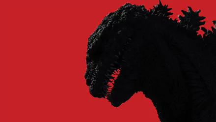 HD PC desktop wallpaper featuring a dark silhouette of Shin Godzilla against a bold red background, inspired by the Godzilla movie.