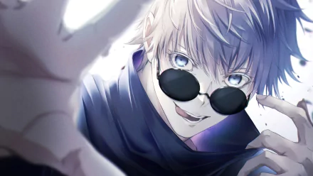 4K anime desktop wallpaper of Satoru Gojo with white hair and vivid blue eyes, wearing round black glasses and grinning while reaching forward (Jujutsu Kaisen).