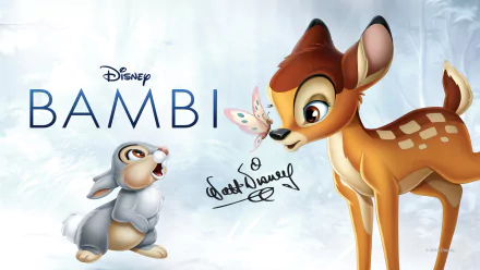 HD PC desktop wallpaper of Disney's Bambi character from the movie, with Thumper and a butterfly; the movie title and a signature are visible.