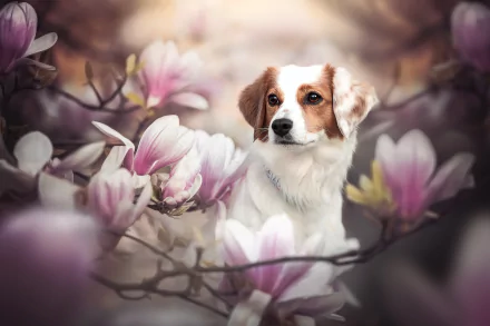 magnolia flower dog Animal Kooikerhondje HD Desktop Wallpaper | Background Image