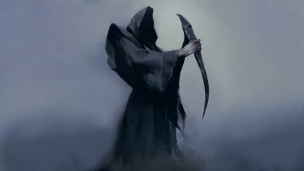 Dark, ominous Grim Reaper cloaked figure holding a scythe, enveloped in mist, rendered in 4K Ultra HD for a striking PC desktop wallpaper and background.