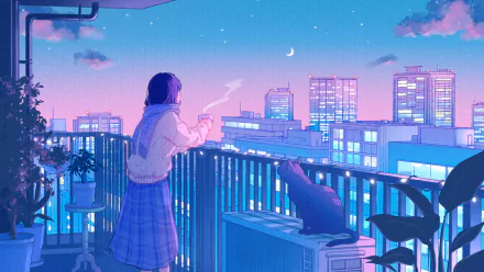 Anime-style girl with short hair and scarf stands on a city balcony at night, holding a cup while an anime cat sits nearby against a vibrant cityscape background.