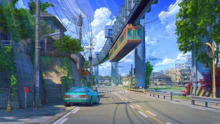 Anime-style HD wallpaper depicting a vibrant city street scene with a car and an elevated train passing through, set against a backdrop of fluffy clouds.