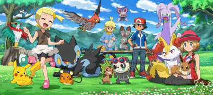 HD anime-style Pokémon wallpaper featuring Serena, Ash, Clemont, Bonnie, and Pokémon like Bunnelby, Talonflame, Hawlucha, Frogadier, Luxray, Dedenne, Chespin, Braixen, Eevee, and Pikachu.
