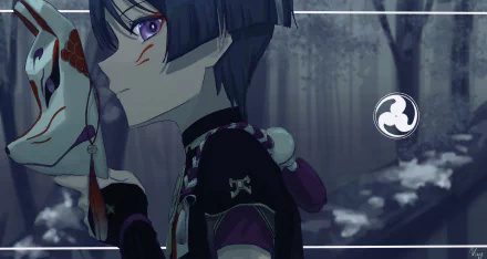 Scaramouche (Genshin Impact) in profile holding a fox mask in a misty forest, purple-eyed, HD PC desktop wallpaper/background, video game artwork.