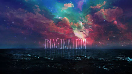 HD desktop wallpaper featuring a vibrant cosmic sky over the ocean with the word IMAGINATION for a motivational and imaginative background.