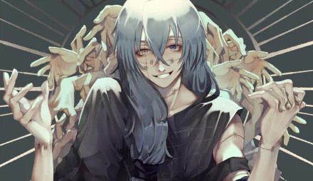 HD anime wallpaper of Mahito from Jujutsu Kaisen, featuring his distinctive heterochromia and multiple hands in the background.