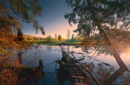 HD PC desktop wallpaper/background: outdoor nature scene of a tranquil river at sunrise framed by trees, with a weathered man-made wooden bridge extending into the mist.