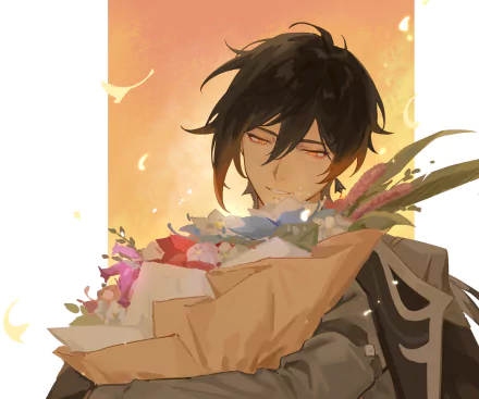 HD PC desktop wallpaper featuring Zhongli from the video game Genshin Impact holding a bouquet of flowers against a warm, glowing background.