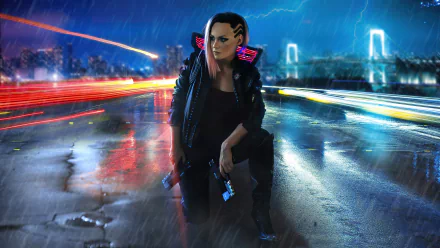 8K Ultra HD cyberpunk scene from Cyberpunk 2077 video game, featuring a futuristic cityscape with neon lights and a character in a high-tech jacket under stormy skies.