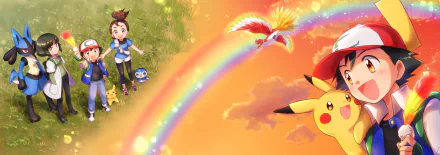 Sorrel (Pokémon) rainbow Verity (Pokémon) Ho-oh (Pokémon) Lucario (Pokémon) Piplup (Pokémon) Pikachu Ash Ketchum Anime Pokémon The Movie: I Choose You! HD Desktop Wallpaper | Background Image