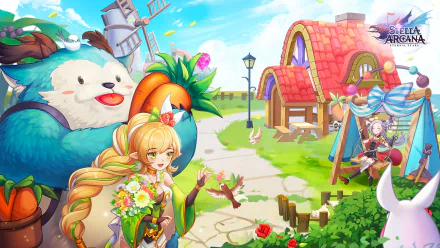 Stella Arcana HD desktop wallpaper featuring vibrant fantasy characters and a whimsical village backdrop.