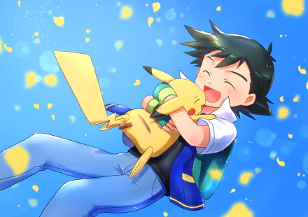 Anime-style HD desktop wallpaper of Ash Ketchum with black hair happily hugging Pikachu, surrounded by glowing yellow petals against a bright blue background.