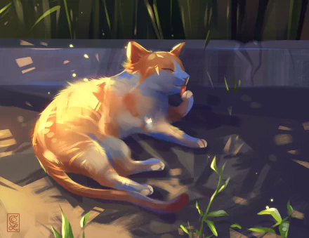 HD desktop wallpaper featuring an artistic depiction of a resting orange and white cat in a sunlit area, surrounded by plants.