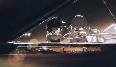 piano short hair black hair white hair long hair Anime music HD Desktop Wallpaper | Background Image