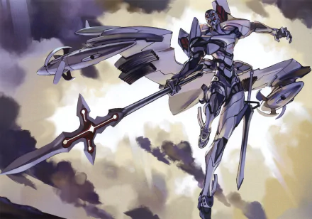 Anime Neon Genesis Evangelion 4K Ultra HD PC desktop wallpaper and background: dynamic mecha EVA unit soaring through stormy clouds, lance extended, metallic wings and debris framing a dramatic sky.
