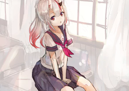 Anime-style 4K wallpaper of Nakiri Ayame from Hololive, featuring her two-toned white and red hair, red eyes, and school uniform in a softly lit room.